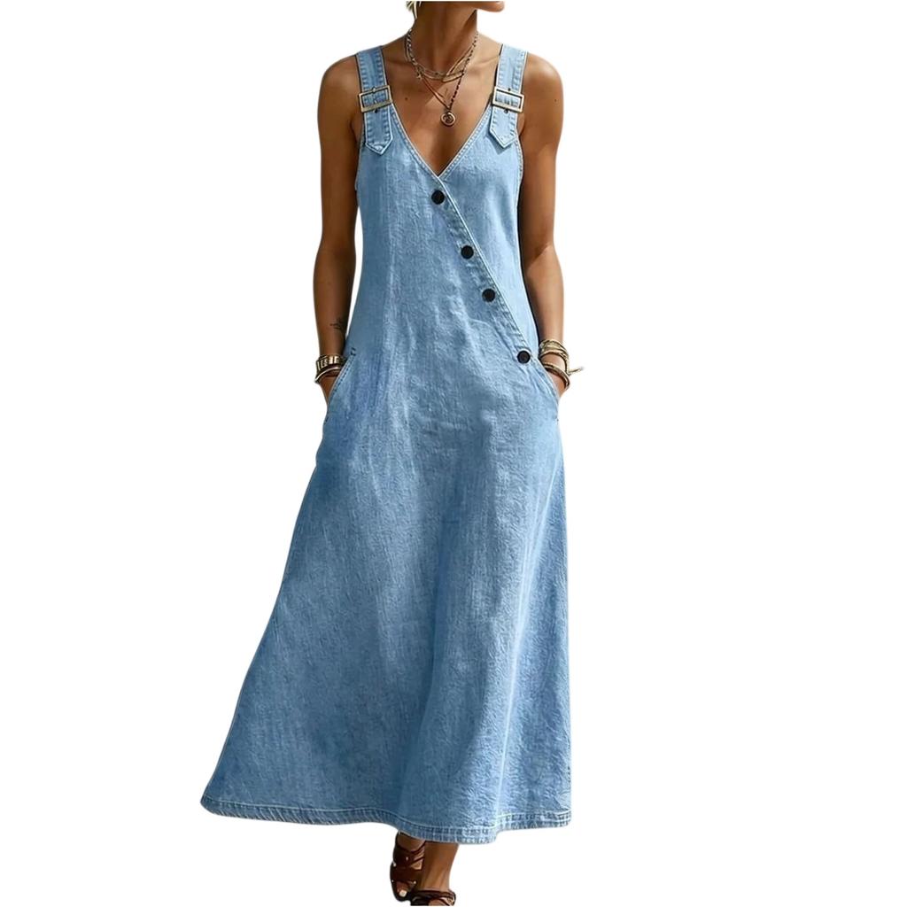 Women’s Vintage V Neck Denim Overall Long Dress Loose Fit Sleeveless Adjustable Strap Button Down Casual Maxi Dress