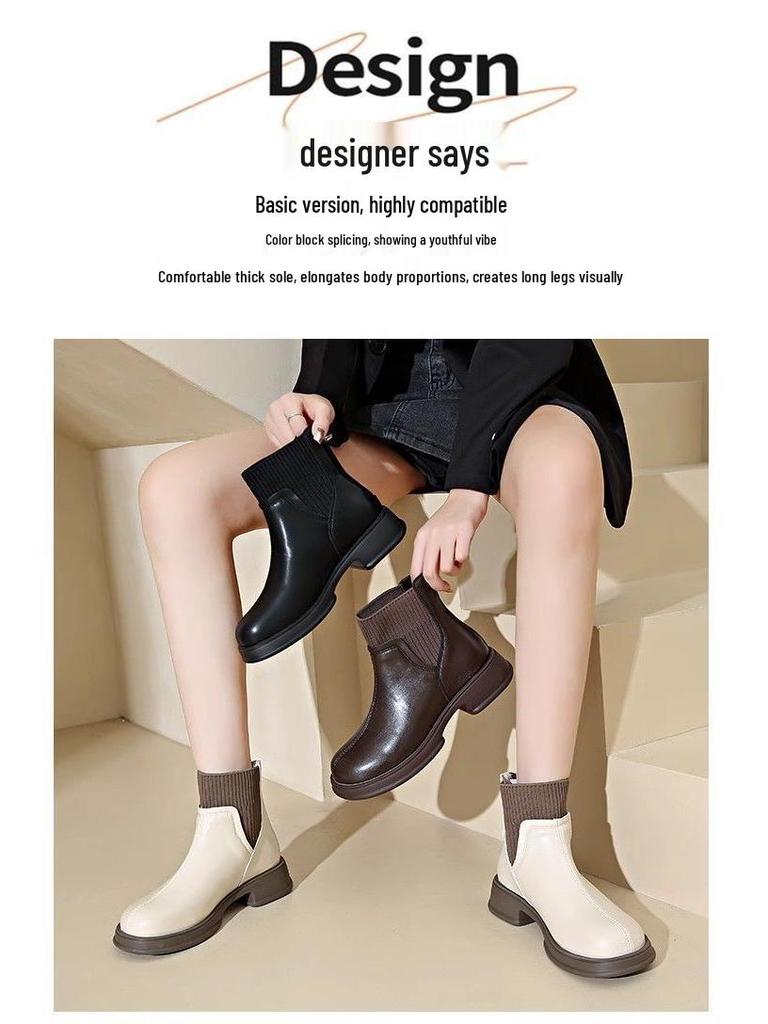 Women's Autumn/Winter 2025 British Style Real Leather Skinny Sock Boots with Back Zipper