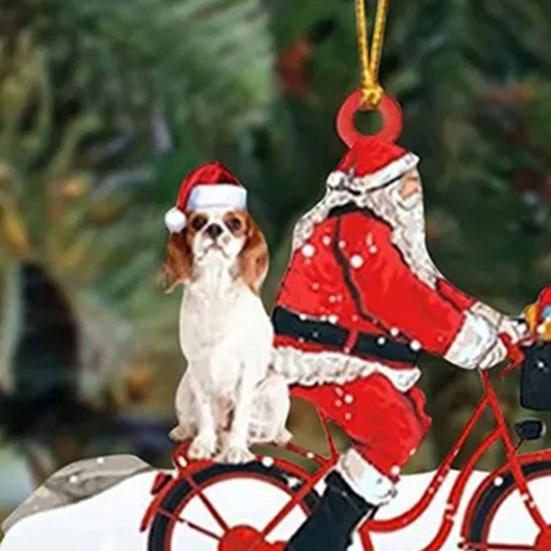Santa Riding A Bicycle with A Dog Ornament Cute Acrylic Santa