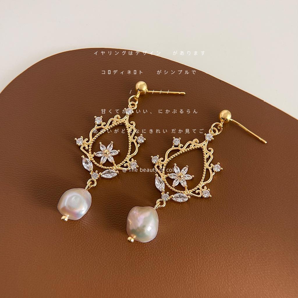 Baroque special-shaped freshwater pearl micro-inlaid zircon plated literary earrings, new earrings wholesale