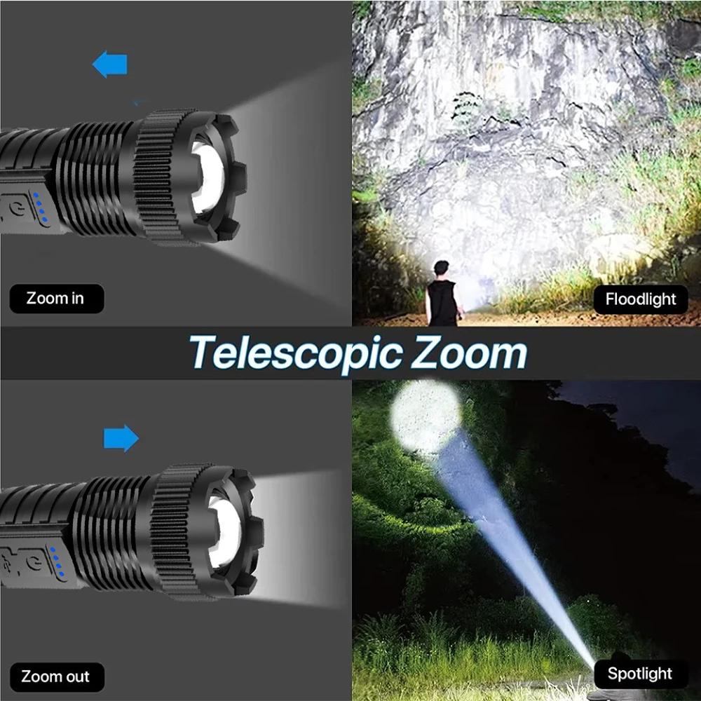 Powerful Flashlights Type-c Rechargeable Torch Light High Zoom LED Flashlight Built-in Battery for Camping Emergency Lamp