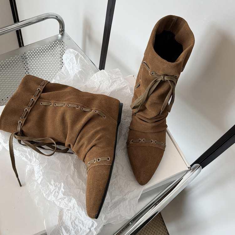 Fashion New Style Luxury Women's Thin Heel Short Boots Fashion Pointed Wide Tube Folded Stacked Boots Women's Large Ankle Boots