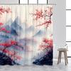 Japanese Style Shower Curtain Town Architecture Arch Bridge Pink Cherry Blossom Sunset Mountain Landscape Bathroom Curtain Decor