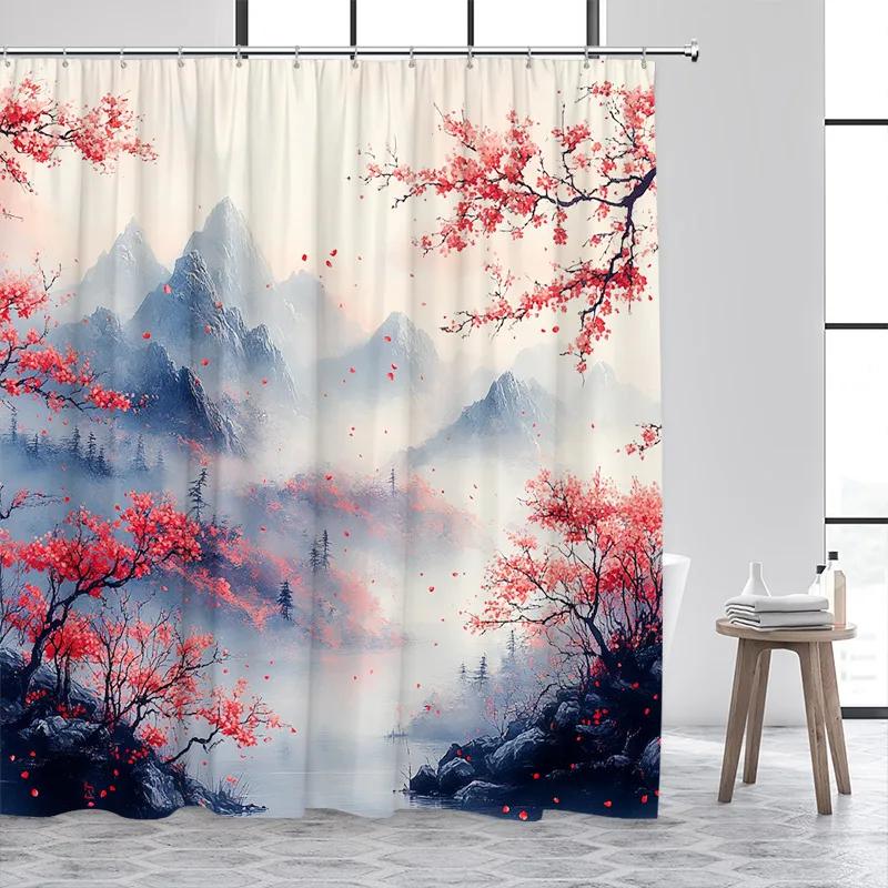 Japanese Style Shower Curtain Town Architecture Arch Bridge Pink Cherry Blossom Sunset Mountain Landscape Bathroom Curtain Decor