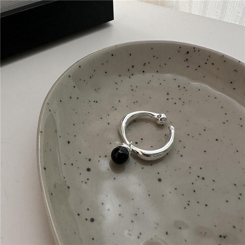 French Retro Open Ring in 925 Sterling Silver with Black Agate Spherical Design