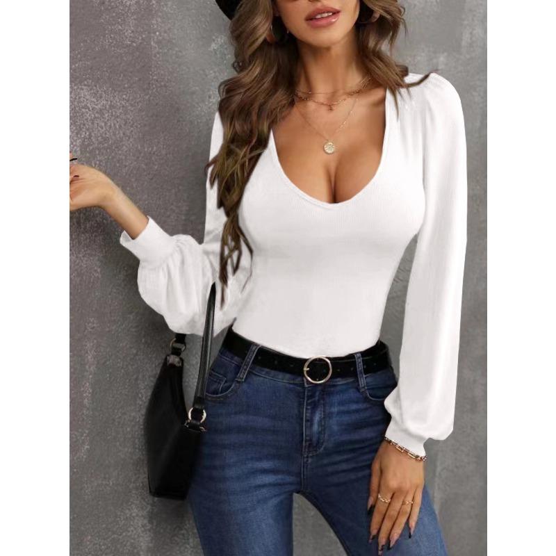 JPNTKY Women's Fashion Casual Solid Color Print Long Sleeve U-Neck Blouses & Shirts