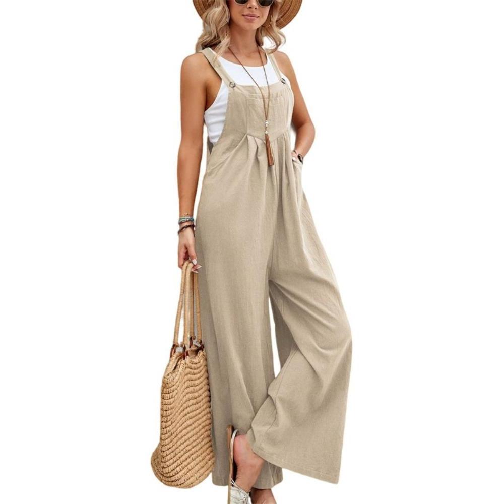 Overalls mit weitem Bein für Damen, lässig, aus Baumwolle und Leinen, lockerer Umstands-Jumpsuit für den Sommer und den Strand