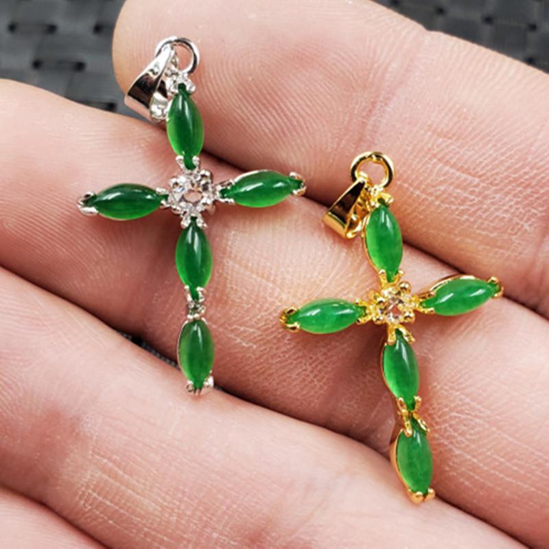 Emerald Green Quartzite Jade Cross Necklace Pendant Gold Version 20x25mm