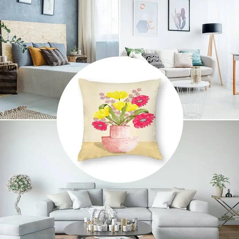 Art Flower Vase Pillow Case Short Plush Double-sided Print Square Throw Pillow Covers Sofa Home Cushion Decor