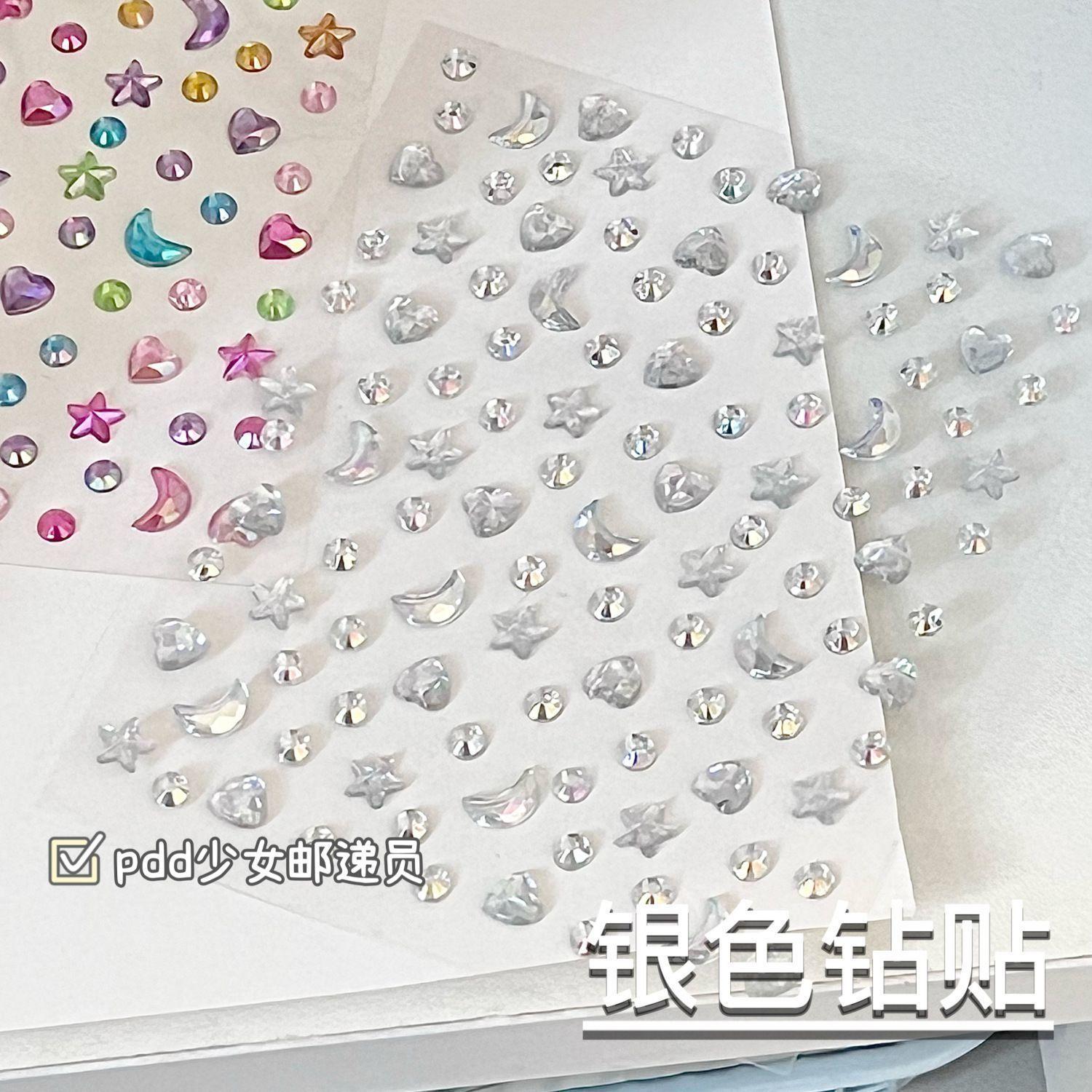 

3D Star Moon Heart Rhinestone Stickers Multicolor Glitter Jewels Gem Deco Sticker Aesthetic Journaling Kawaii Stationery срібний