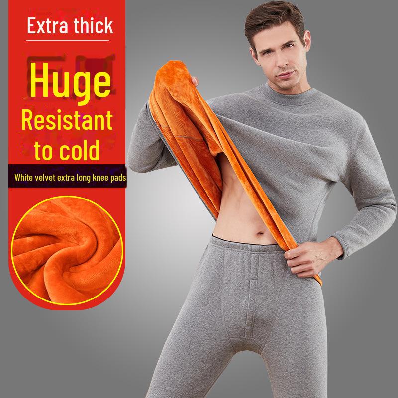 Men's and Women's Plus Velvet Thick Thermal Underwear Suit for Middle-aged and Elderly - Solid Color Winter Set