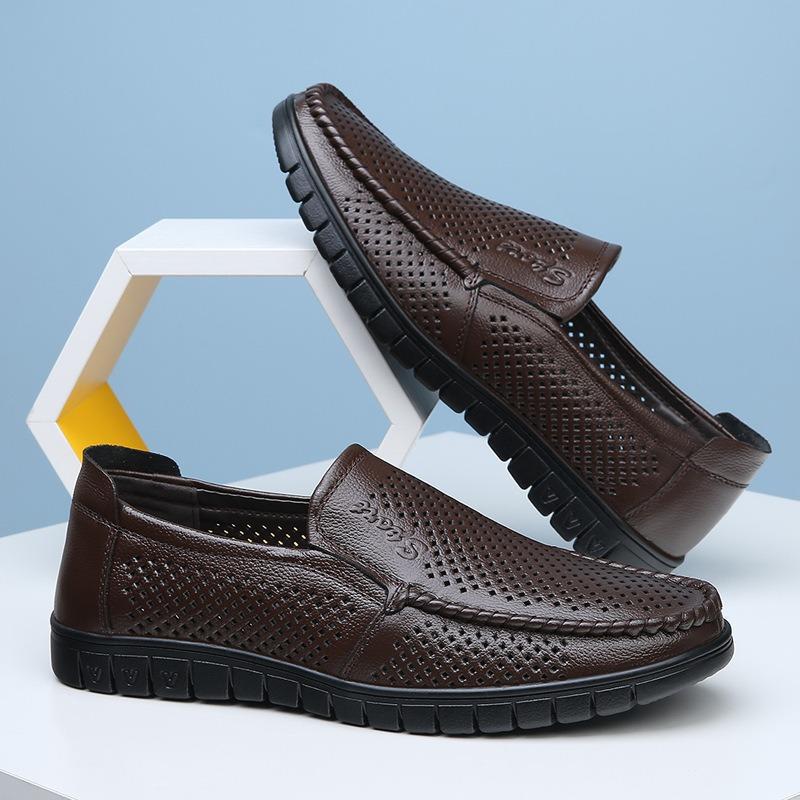 Summer hollow breathable cool leather shoes men's leather soft-soled hole shoes middle old dad shoes