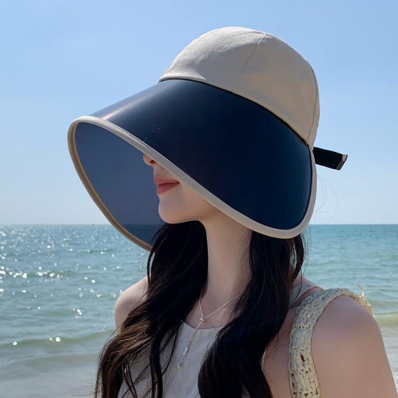 Women'S Big Eaves Anti-Ultraviolet Lenses Sun Hat Outdoor Face Covering Bucket Hat Beach Sun Protection Shawl Bucket Hat