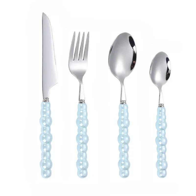 4Pcs Gold Dinnerware Set Stainless Steel Cutlery Knife Tea Fork Coffee Spoon Pearl Ceramic Handle Flatware Utensils for Kitchen