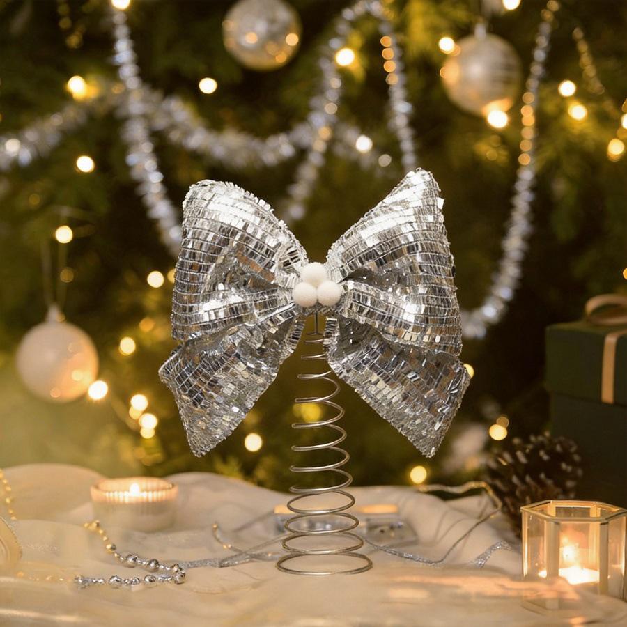 Large Shiny Sequin Bow Christmas Tree Topper with Spring Base