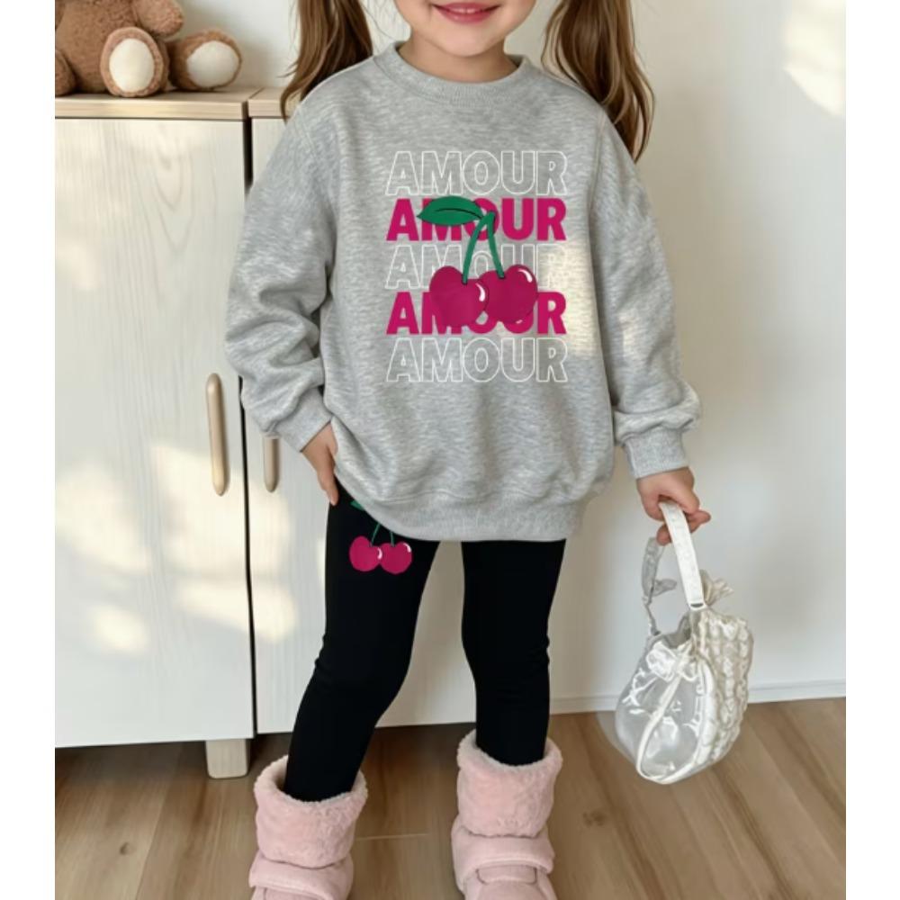 Girls' Sweet Cherry Casual Comfortable Soft Loose Pullover Sweatshirt and Leggings 2-Piece Set, New Autumn/Winter, Playful, Sweet and Cool Style