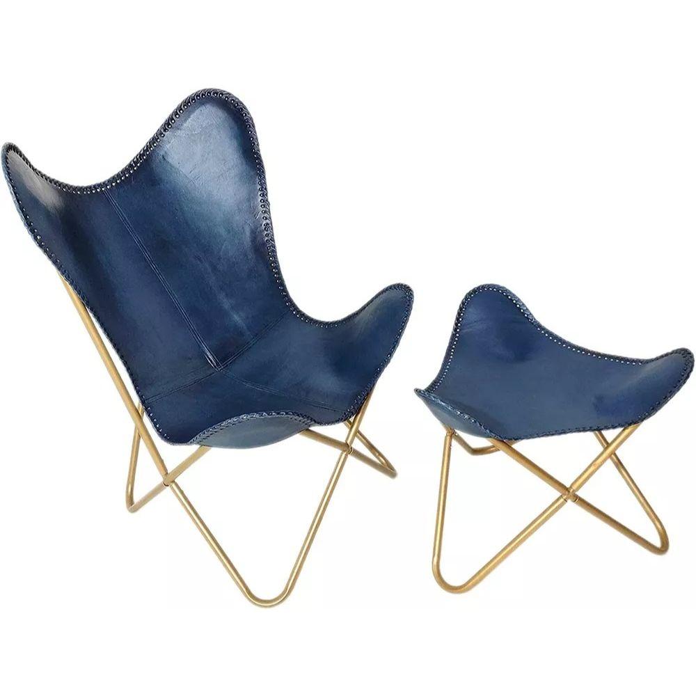 

Хандмаде синий кожаный стул бабочки с подставкой для ног складным креслом для отдыха