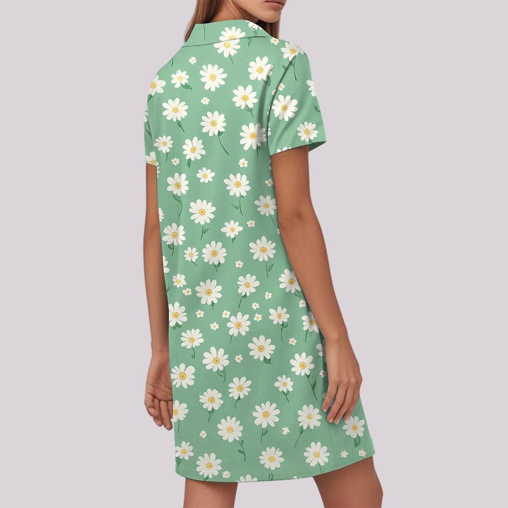 Robe Décontractée Mode Femme à Revers Imprimé Floral Manches Courtes Col V Jupe Courte