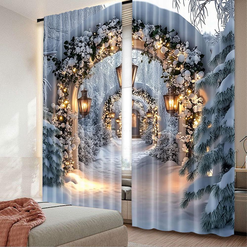 2Pcs Christmas Curtains Xmas Tree Christmas Arches Wall Corridor Large White Snow Scene Suitable For Bedroom Living Room Dining