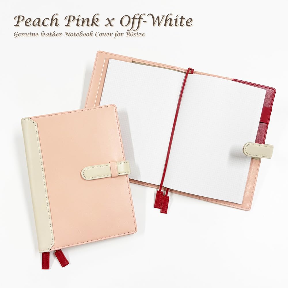 B6 Size Genuine Leather Notebook Cover with Peach Pink x (Ceal Al) Strap, Two-Tone CLuaR-TC (07. Off-White)