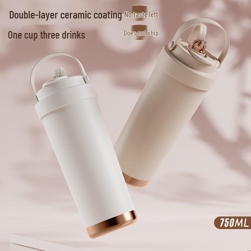 316 Ceramic Liner Thermos Cup for Female Students - Portable Travel Coffee Cup with Double Drink and Straw.