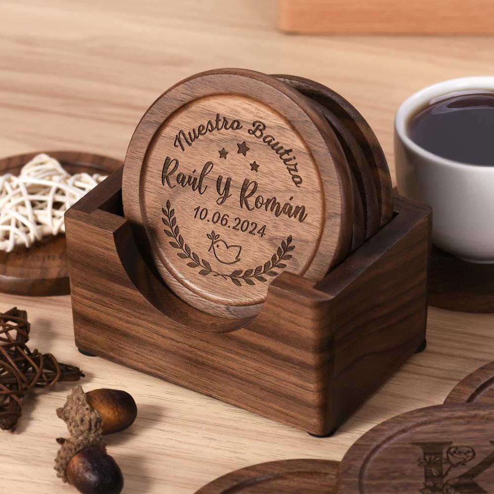 D2 Walnut Dark Coaster Set of 6 Pieces. Including The Holder Pure Natural Wood Texture. Wonderful Decor For Dining Tables Office