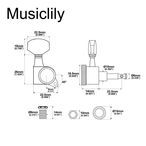 Musiclily Pro L3R3 Locking Tuners for Electric and Acoustic Guitars, with Chrome Large Hex Buttons