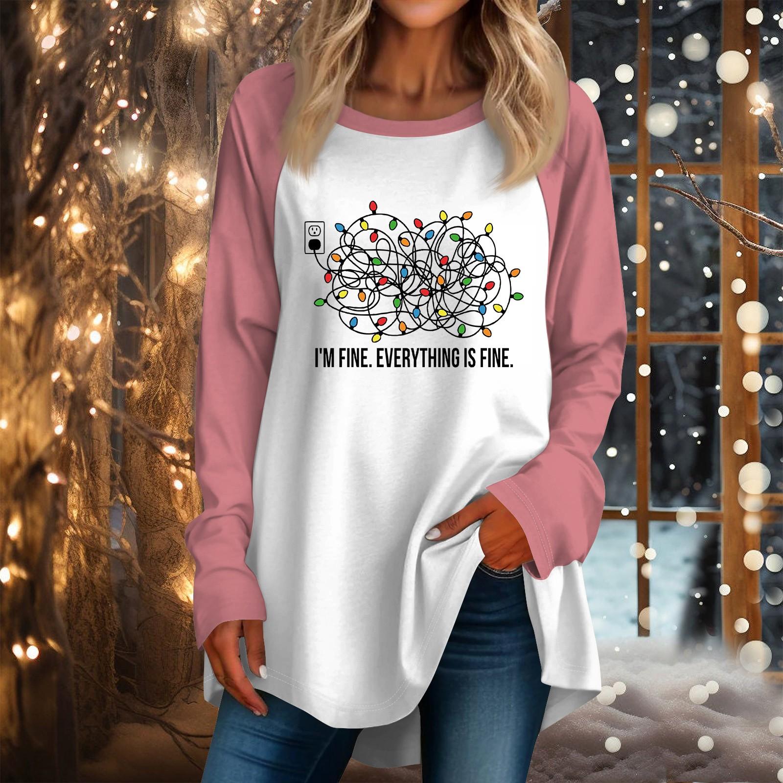 

Женская повседневная футболка больших размеров с длинными рукавами и круглым вырезом с рождественским принтом, топ, пуловер XL белый