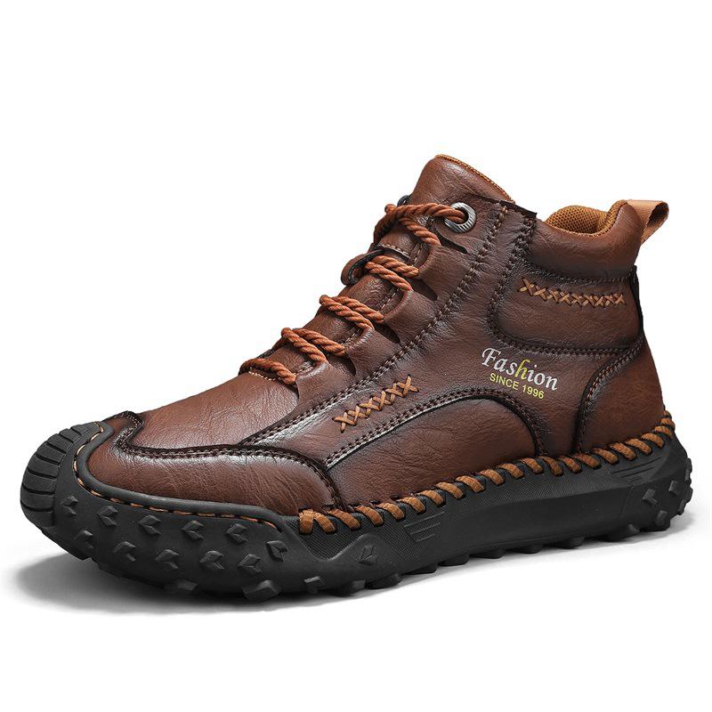 Men's Plus Size Handmade Leather Mid-top Boots - Thick Sole, Lace-up, Outdoor Casual