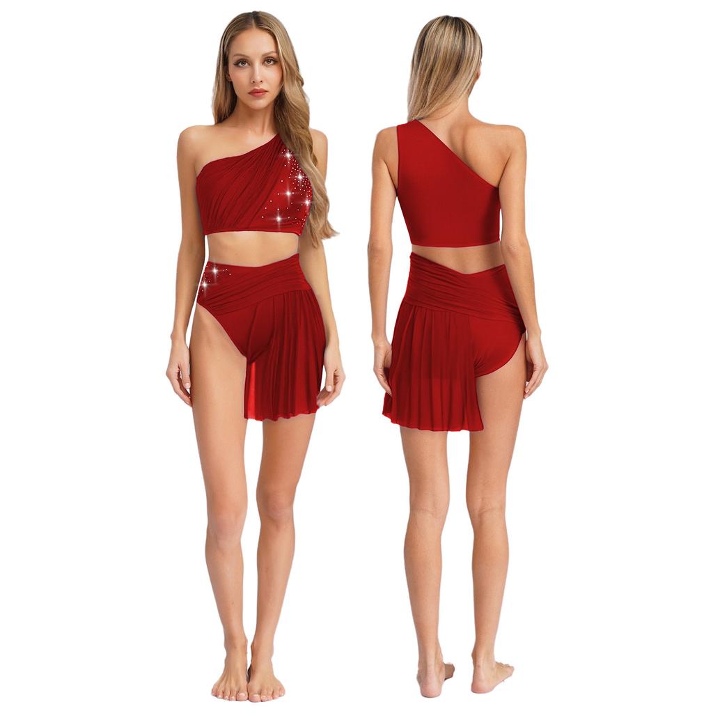 Dámské oblečení pro lyrický tanec Kostým pro vystoupení na jevišti Jedno rameno Lesklé kamínky Crop Top se síťovinovými kalhotkami se sukní