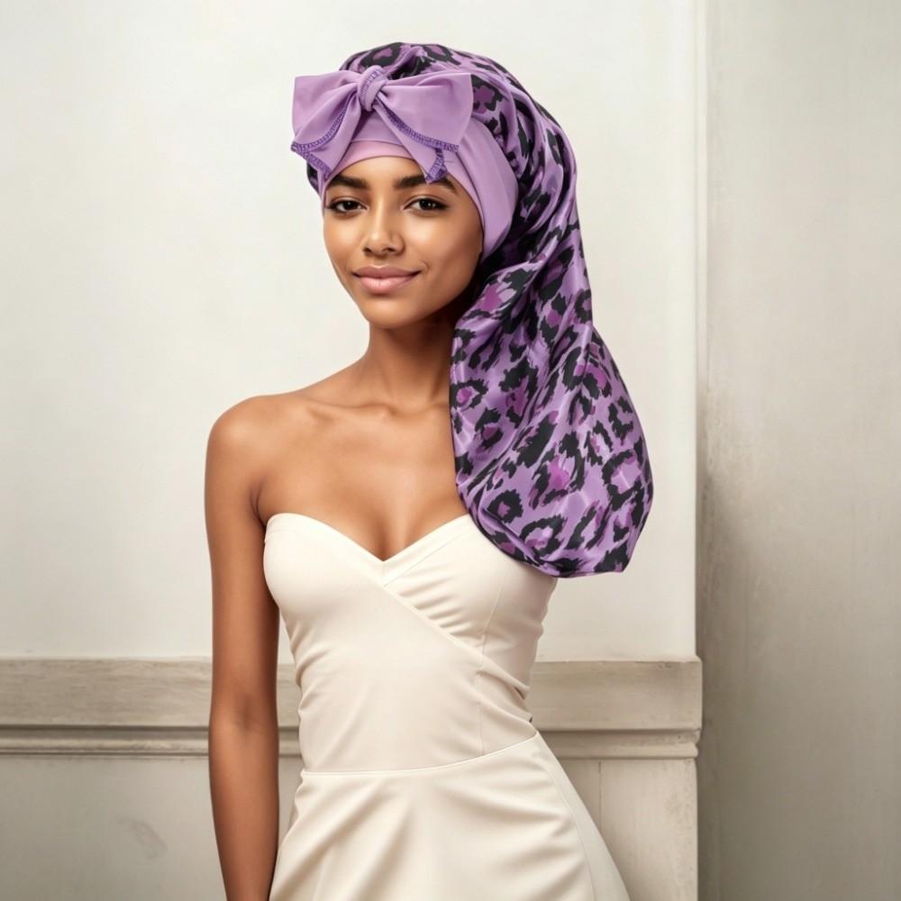 Leopard Print Silk Hair Bonnet Bowknot Design Hair Protector Bonnet Anti-UV Head Scarf  For Women