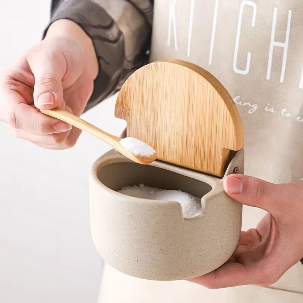 Serving Spoon Spices Storage Box Bamboo Lid Kitchen Condiment Container  Sugar