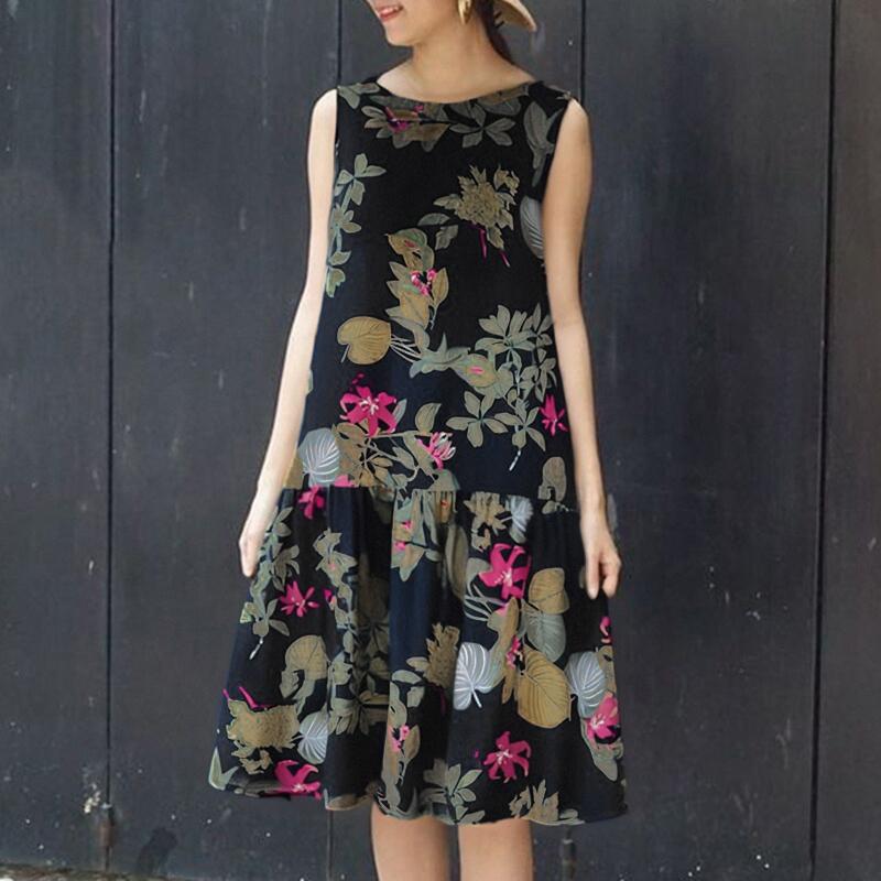 

ZANZEA Женское повседневное платье без рукавов с круглым вырезом и цветочным принтом 4XL темно-синий