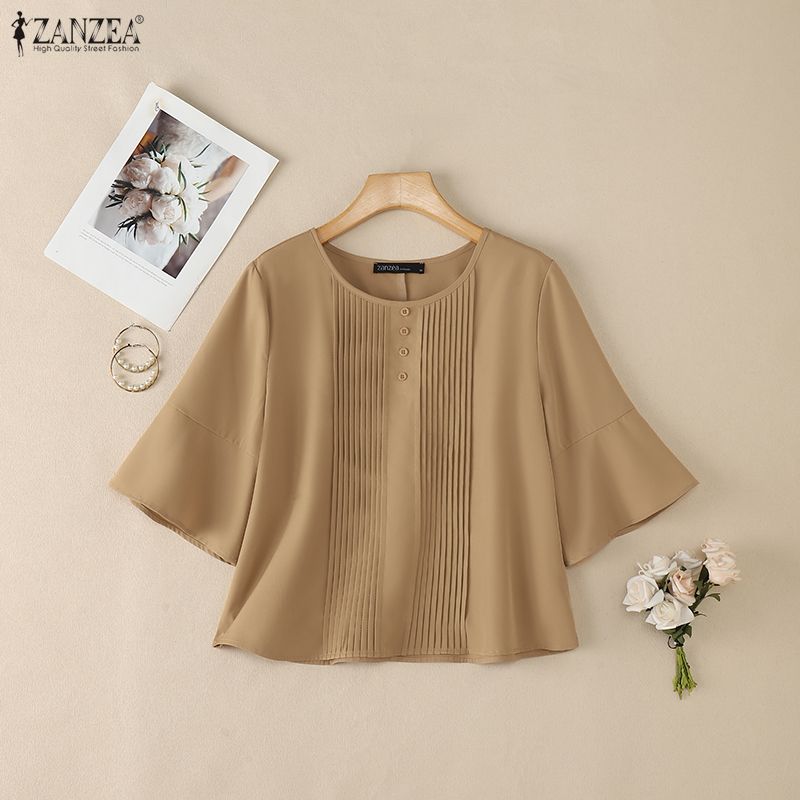 ZANZEA Women Casual Round Neck Solid Color Loose 3/4 Sleeve Blouse