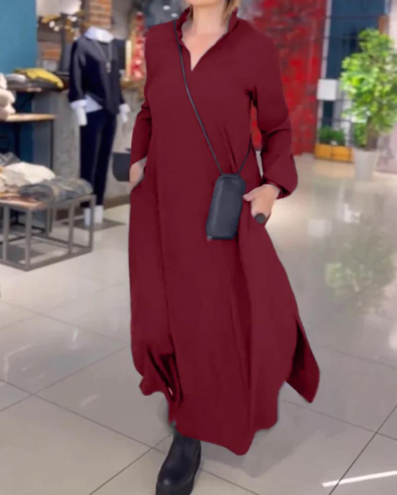 2024 European & American Autumn/Winter Casual V-Neck Long-Sleeve Solid Dress for Women