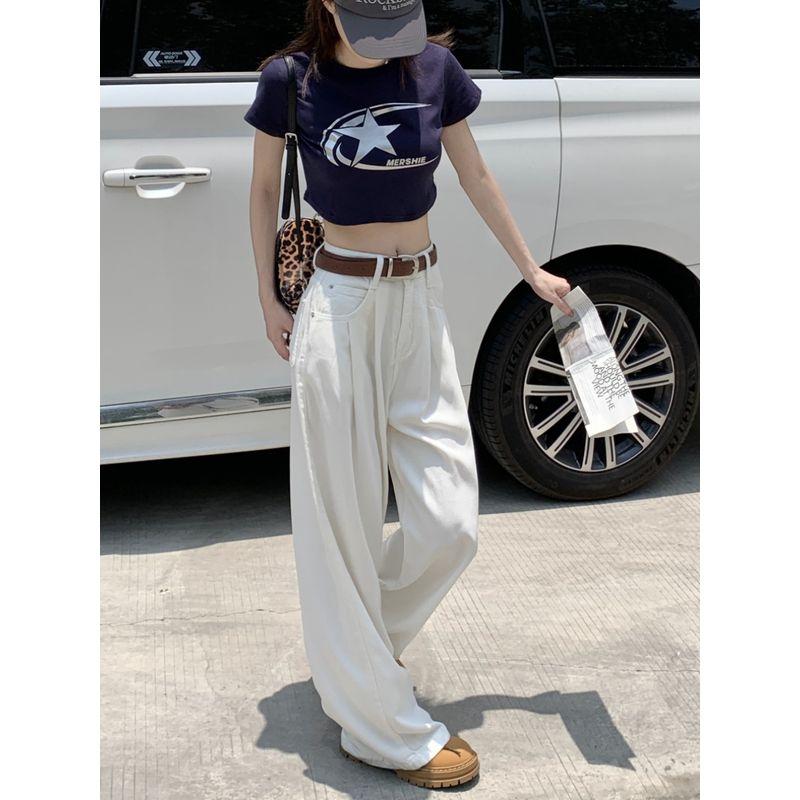White Loose Summer High Waist Drape Mop Wide Leg Pants