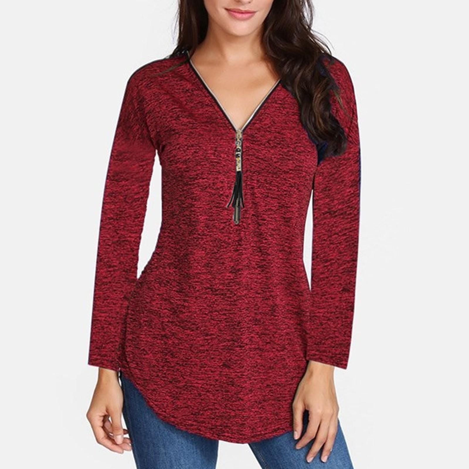 

Женская блузка-пуловер с V-образным вырезом и кисточками на молнии с длинным рукавом XXXXXL винный