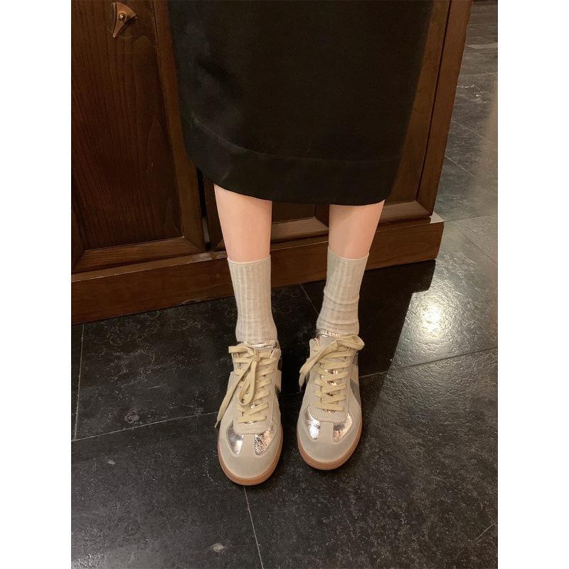 Cowhide version silver German training shoes women's Korean version leather color matching casual sports shoes versatile board shoes 