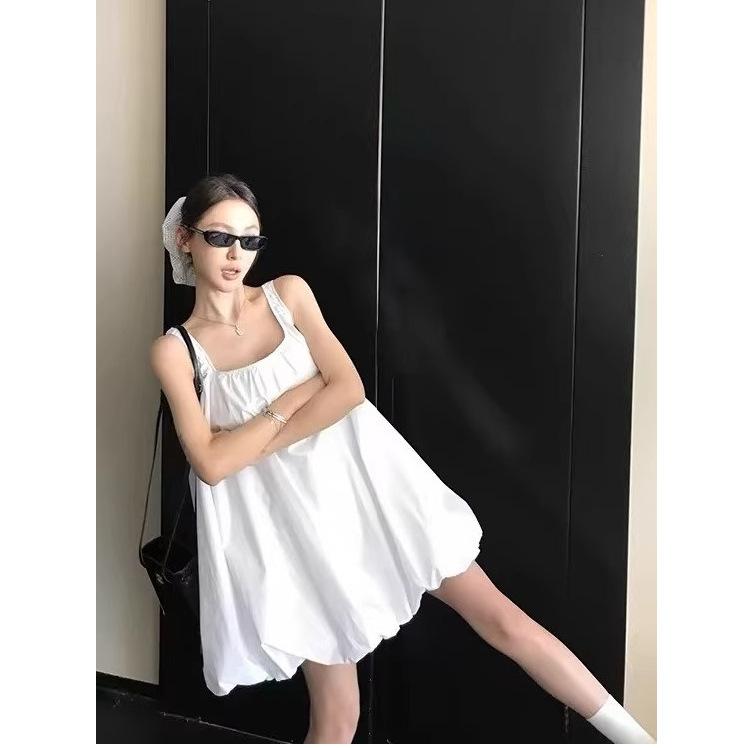 Solid color simple white bud vest skirt women's summer new loose dress casual A-shaped skirt niche skirt