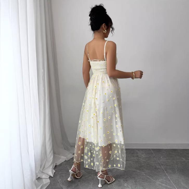European and American homologous small daisy mesh yarn, tube top sling, French retro medium and long jumpsuit
