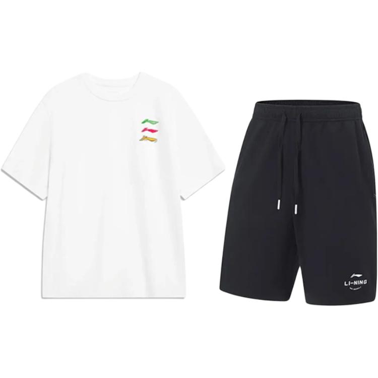 

Простой удобный приятный к коже универсальный комплект для повседневной носки и спорта с принтом логотипа Li Ning, круглым вырезом, короткими рукавами, шортами средней длины с завязками на средней талии YHSV373-1+AKST543-3 S