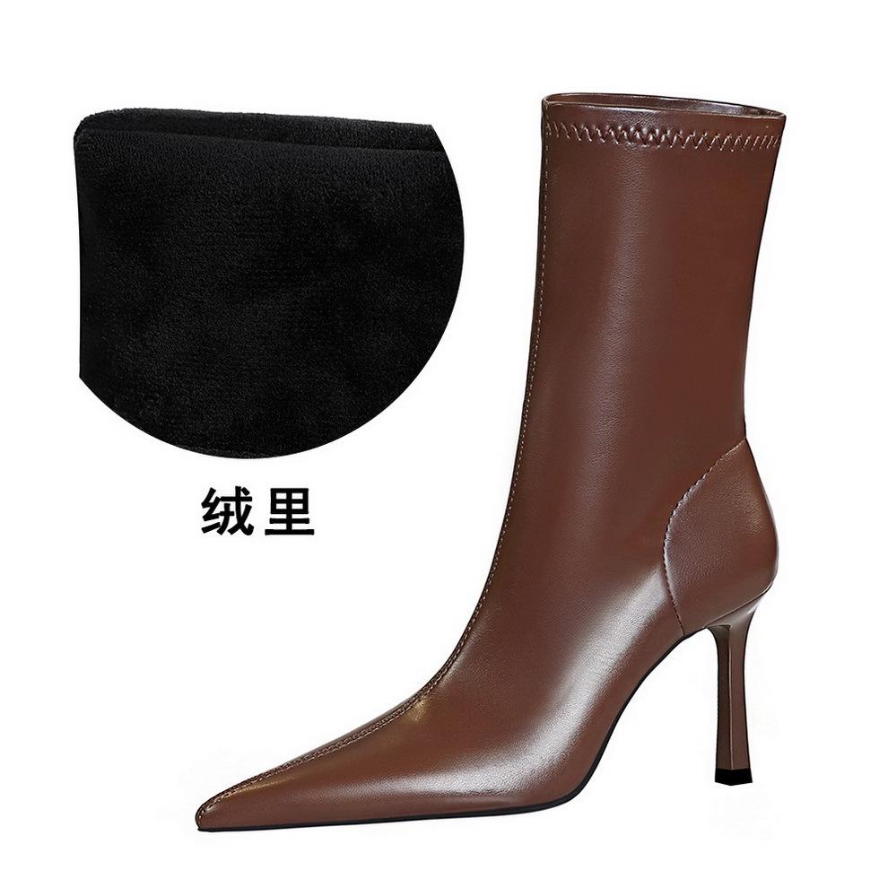 

325-12 Європейський та американський стиль прості тонкі підбори супер високі підбори банкетні короткі жіночі чоботи гострий носок педикюр тонкі високі підбори короткі чоботи 40