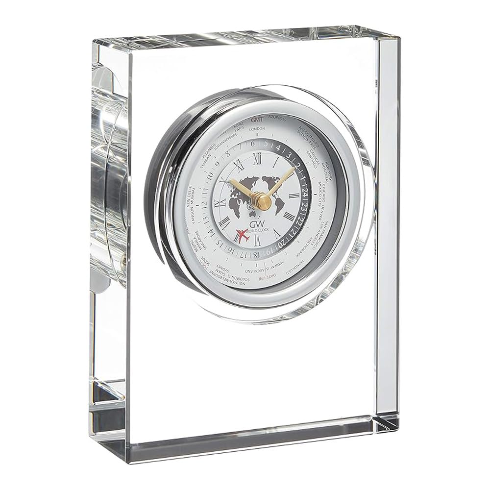 NARUMI Glassworks Monolith Clear Clock, 18cm Tall, World Clock GW1000-11064