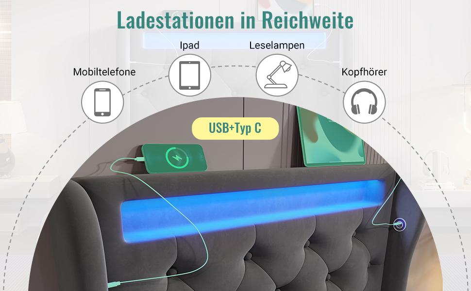 Upholstered Bed Single 90x200cm, with LED Lights, Storage Headboard with USB and Type-C Ports, Hydraulic Storage, Gray, Velvet (Without Mattress)