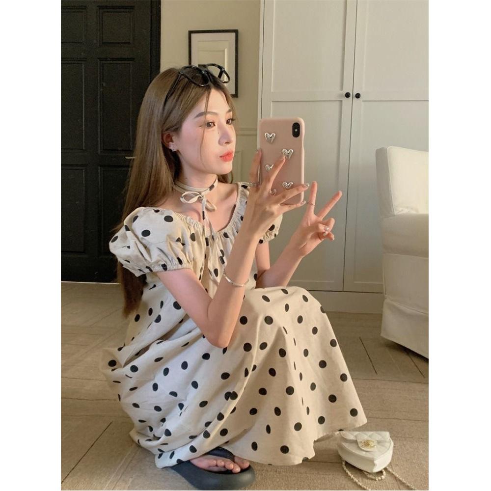 Sweet age-reducing contrasting color polka dot bubble sleeve dress women's summer new lace-up thin sweet medium and long dress