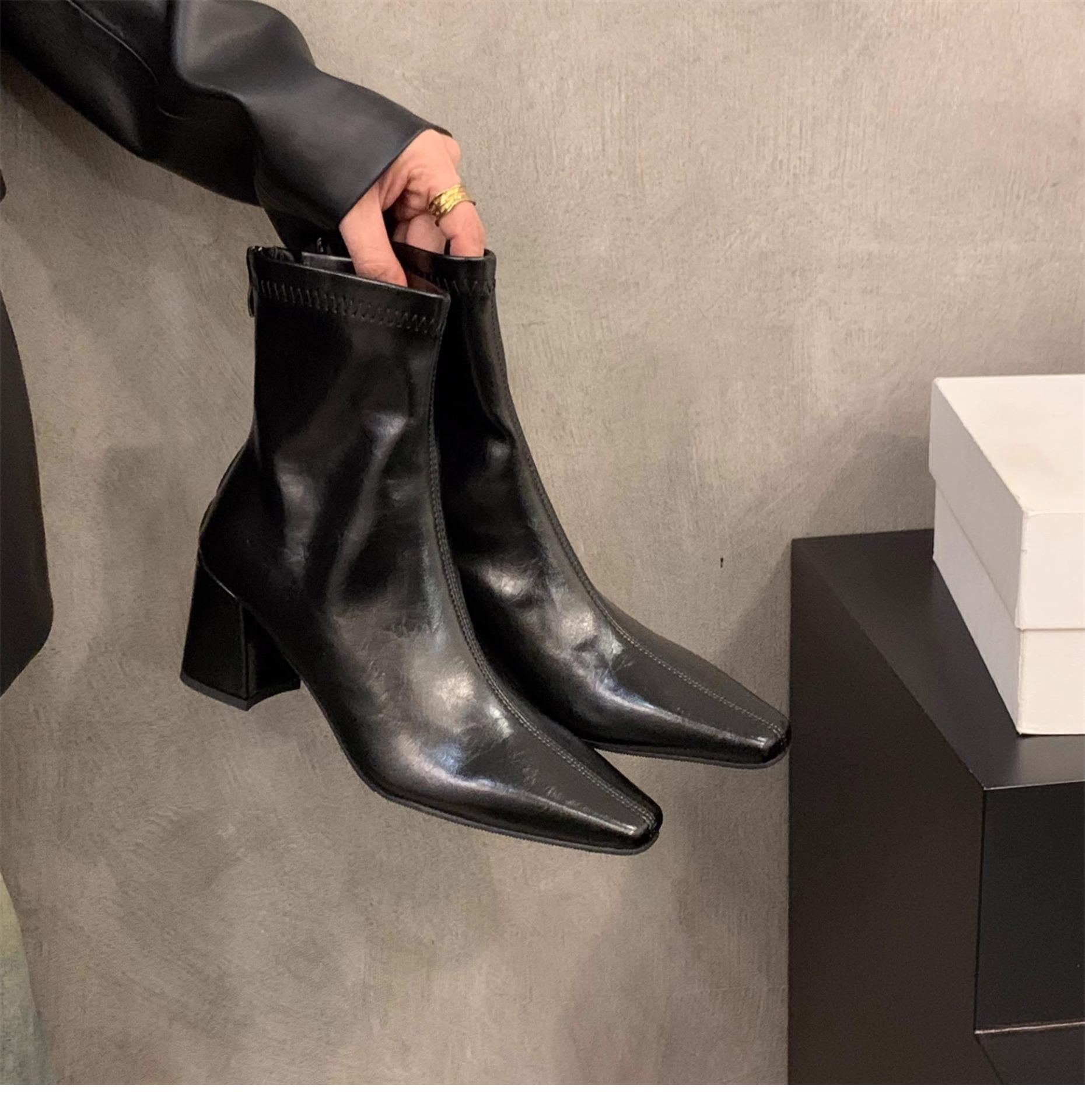 

High heel square head brown Martin boots women s shoes 2025 autumn and winter new single boots with skirt French small bare boots short boots 39 чёрный