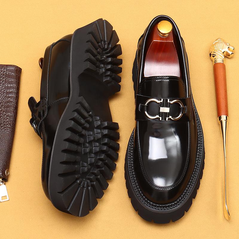 First Layer Cowhide Loafer Leather Shoes Men'S Business Casual Shoes Platform British One-Pedal Men'S Shoes