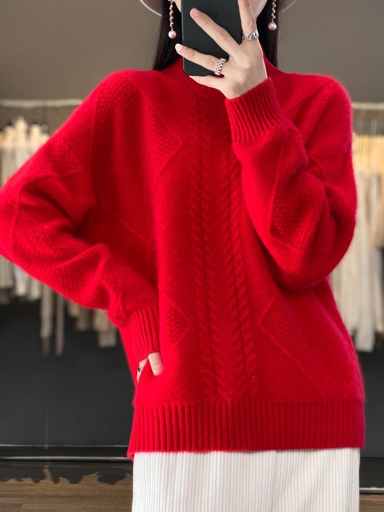 Women's Heavyweight Wool Cable Knit Sweater - Half-High Collar Loose Pullover