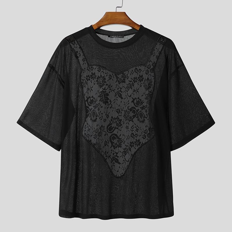 INCERUN Men O Neck Short Sleeve Funny Lace Patchwork Mesh Sheer Loose T-shirts Tee