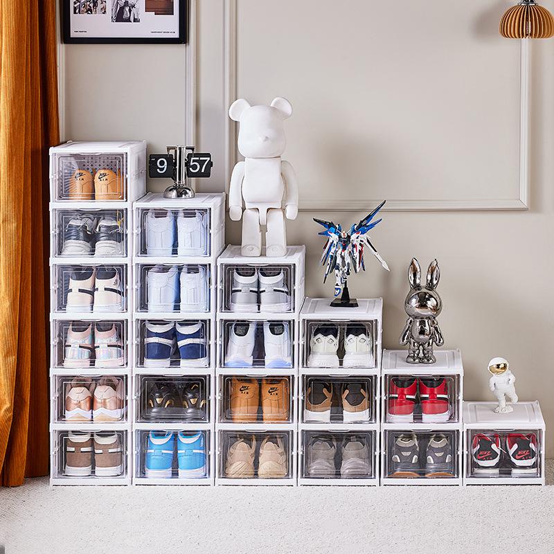 Multi-Layer Foldable Shoe Box Rack: Easy Installation, Space-Saving Storage, One-Pull Setup.